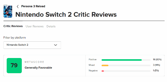 《女神異聞錄3：Reload》NS2版M站79分！NS2必玩之作！